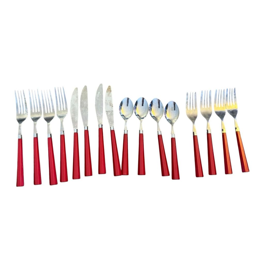 Vintage Plastic Handle Stainless Flatware Red Handles 16 Pc Lot Spoon Knife Fork